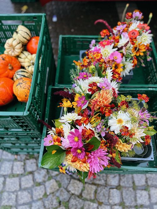 Colorful fall flowers and gourds at an outdoor market